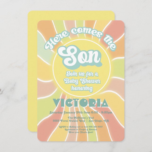 Invitation Hippie Boho Baby shower Sunshine Son (Devant / Derrière)