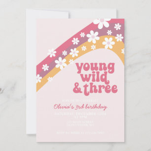 Invitation Hippie Daisy Young Wild et trois Anniversaire