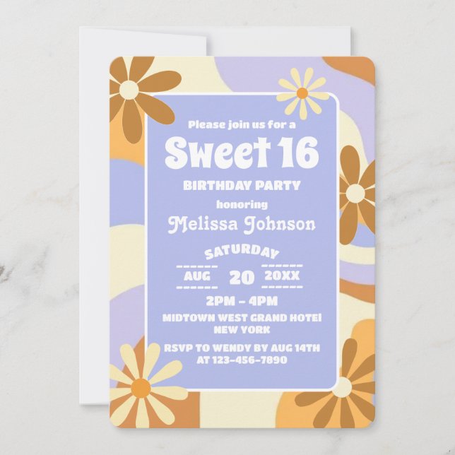 Invitation Hippie Fleur Retro Super Funky Colorful Sweet 16 (Devant)