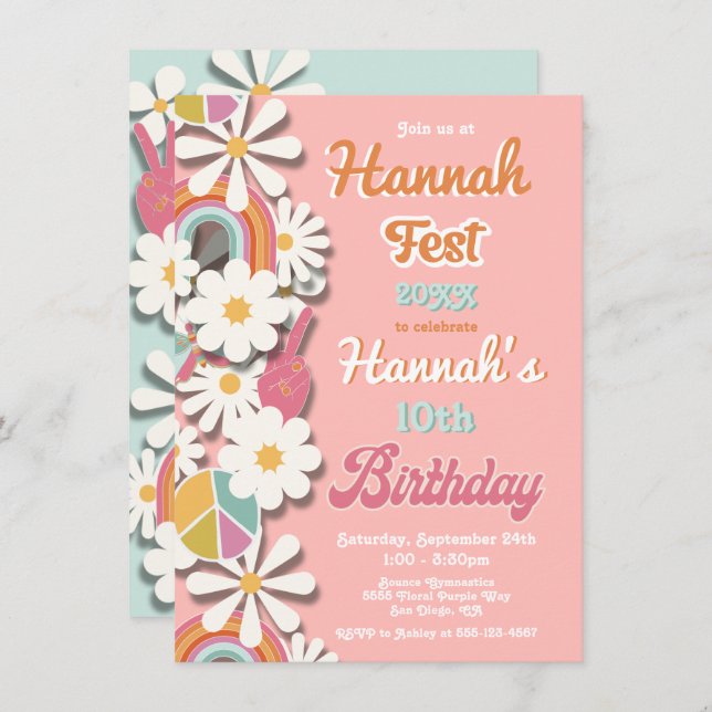 Invitation Hippie Flower Power les années 70 60s fête d'anniv (Devant / Derrière)