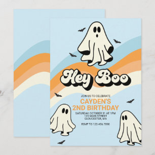 Invitation Hippie Halloween Rétro Fantôme Hey Boo bleu