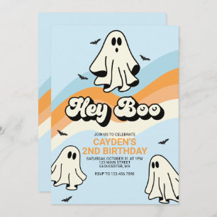 Invitation Hippie Halloween Retro Ghost Hey Boo bleu