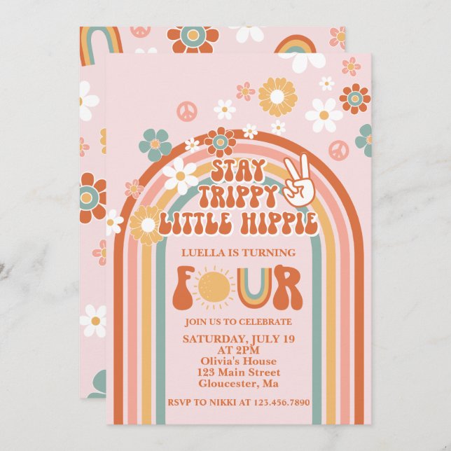 Invitation Hippie Rainbow 4e anniversaire (Devant / Derrière)