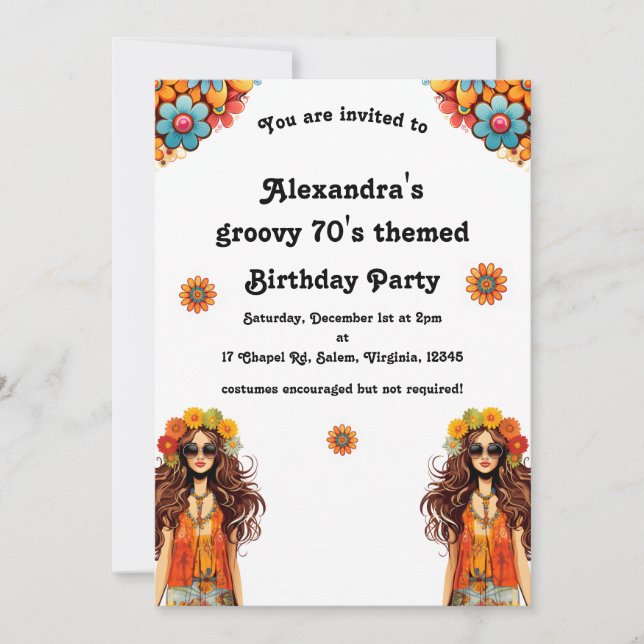 Invitation Hippie super Hippie 1970 à thème fête d'anniversai (Devant)