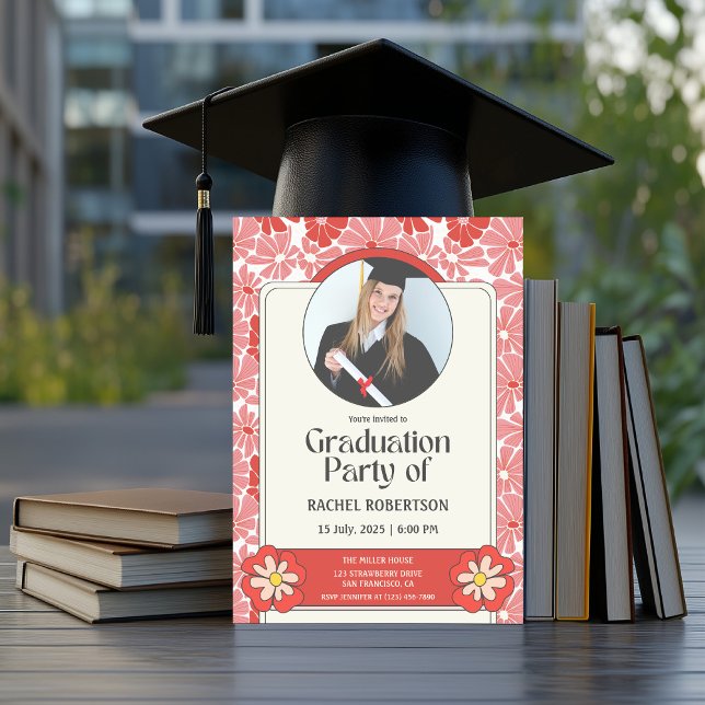 Invitation Hippie Super rétrograde photo florale (Groovy graduation retro invitation)