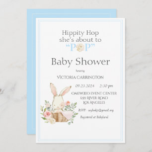 Invitation Hippity Hop Bunny Bleu Baby shower moderne