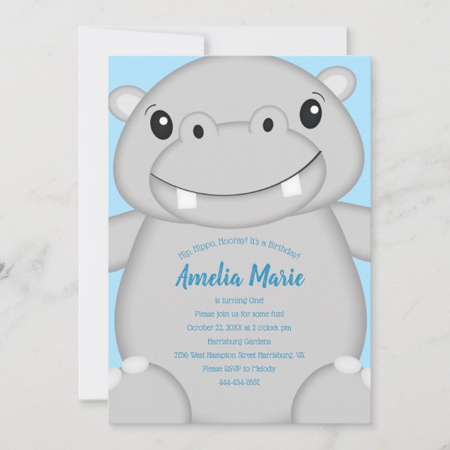 Invitation Hippo Anniversaire bleu (Devant)