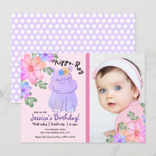 Invitation Hippo Aquarelle Anniversaire Fille Floral