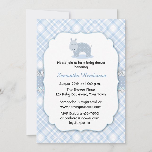 Invitation Hippo bleu, Baby shower (Devant)