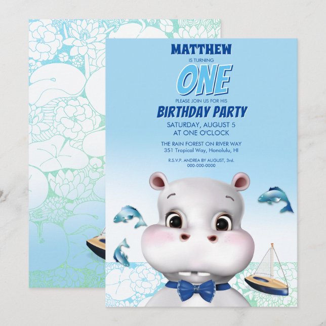Invitation Hippo Bleu Garçon Poisson Anniversaire (Devant / Derrière)