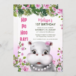 Invitation Hippo dans des perles Fille rose florale Anniversa