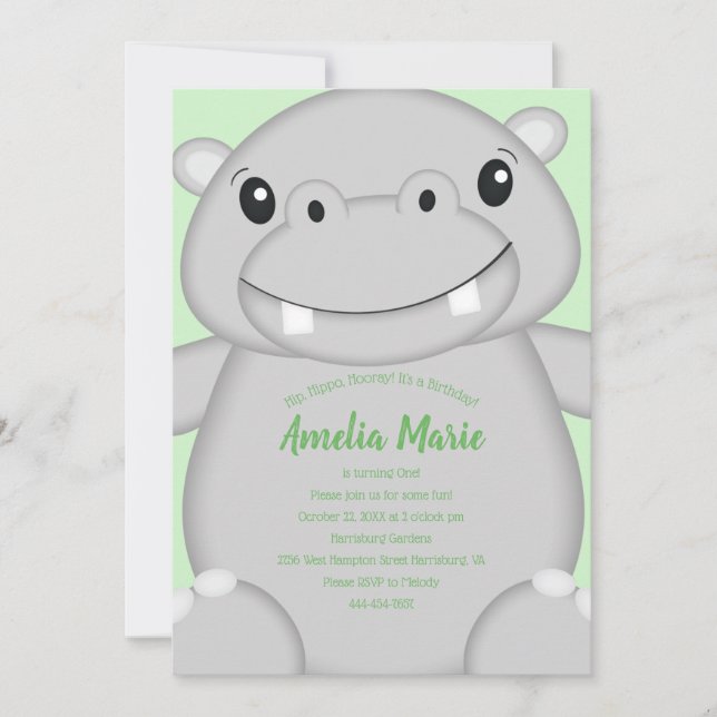 Invitation Hippo fête d'anniversaire vert (Devant)