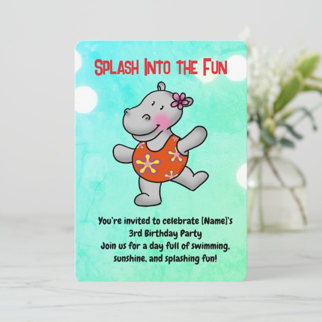 Invitation Hippo Mignon 3ème Anniversaire Fête Piscine (Debout devant)