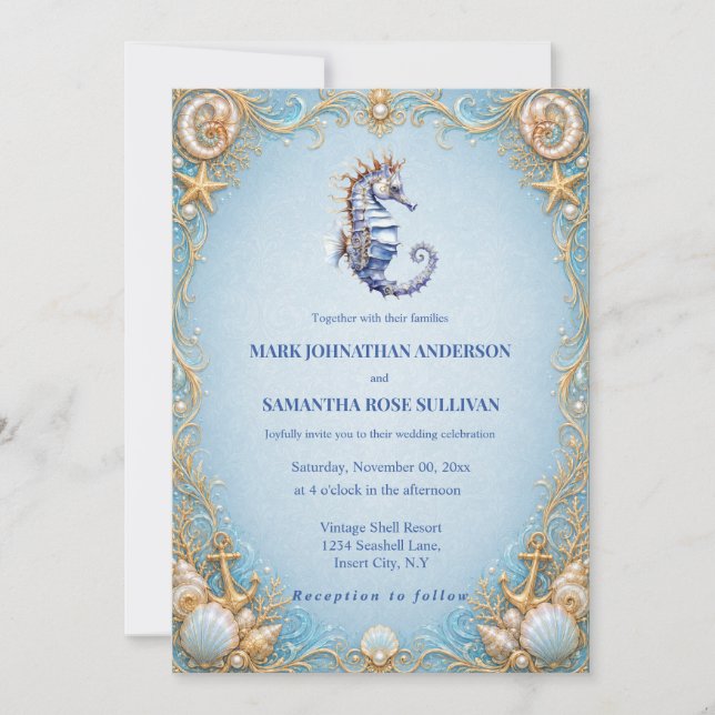 Invitation Hippocampe thème de plage d'ancre mariage coquille (Devant)