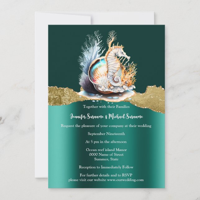 Invitation Hippocampe turquoise or shimmer iridescente nautiq (Devant)
