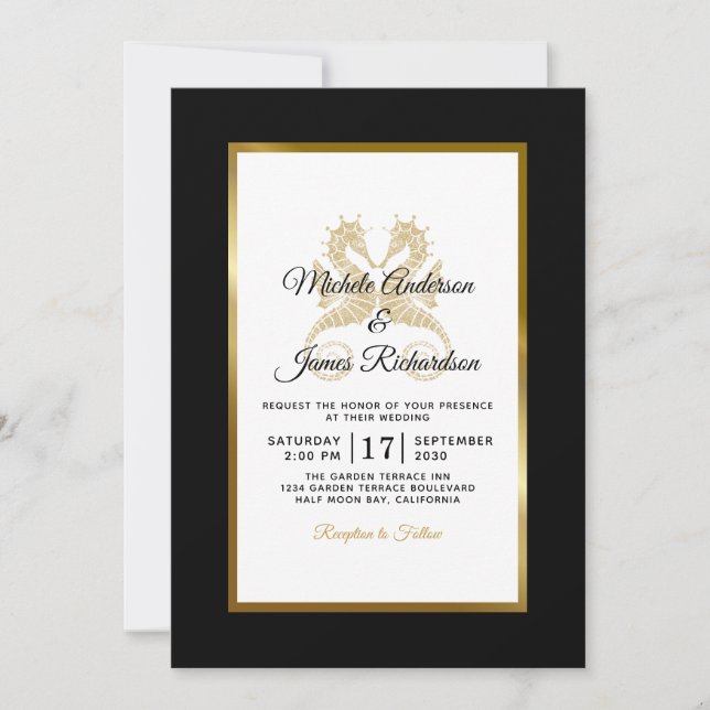 Invitation Hippocampes Tropical Gold Mariage Élégant (Devant)