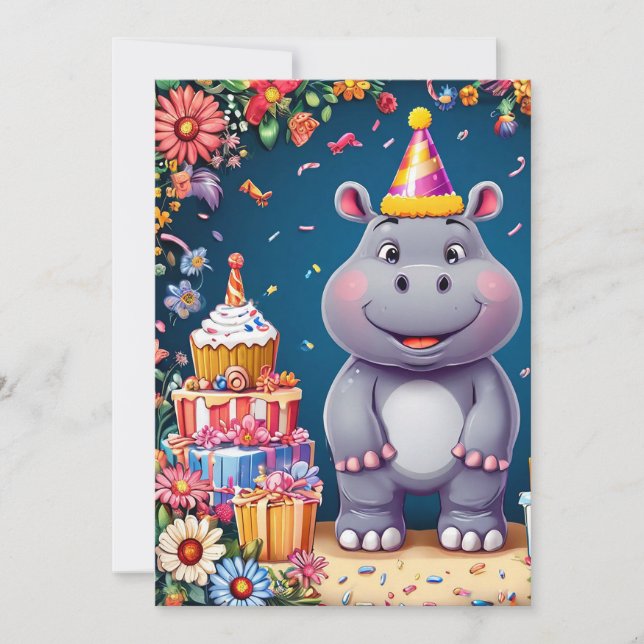 Invitation Hippopotame d'anniversaire avec gâteau et ballons (Devant)
