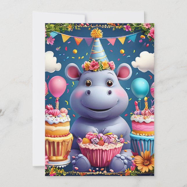 Invitation Hippopotame d'anniversaire avec gâteau et ballons (Devant)