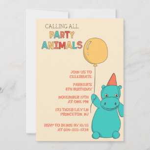 Invitation Hippopotame de dessin animé, animal de fête au bal