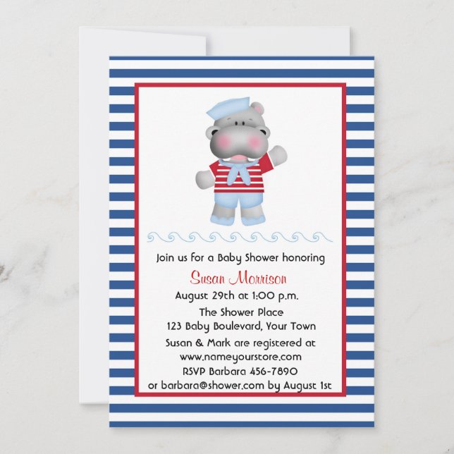 Invitation Hippopotame de marin, baby shower de garçon (Devant)