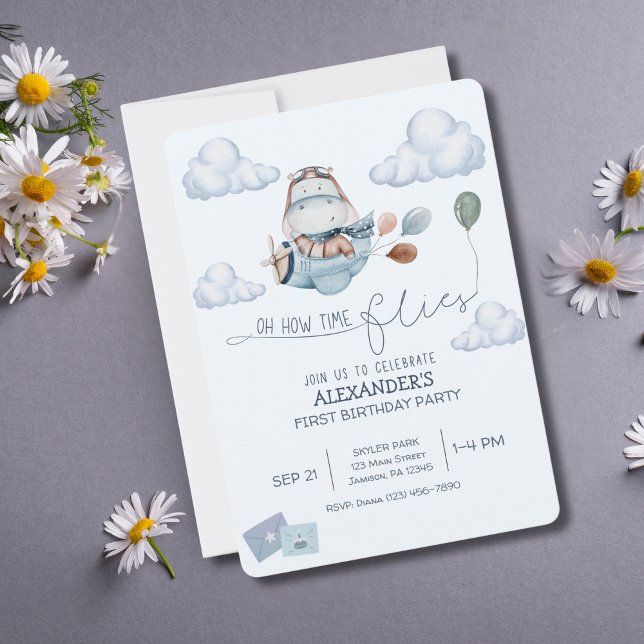 Invitation Hippopotame Mignon, Avion et Nuages, Bleu Premier  (Créateur téléchargé)
