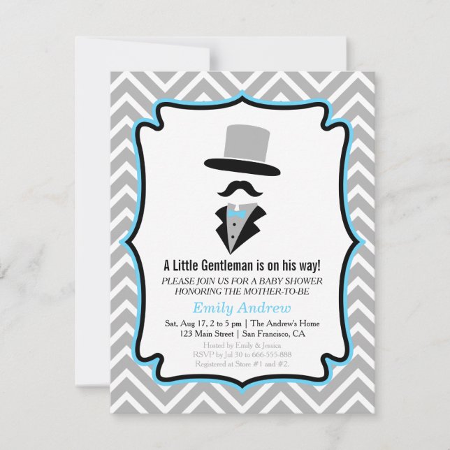 Invitation Hipster Mustache Gentleman Baby Boy Shoy (Devant)