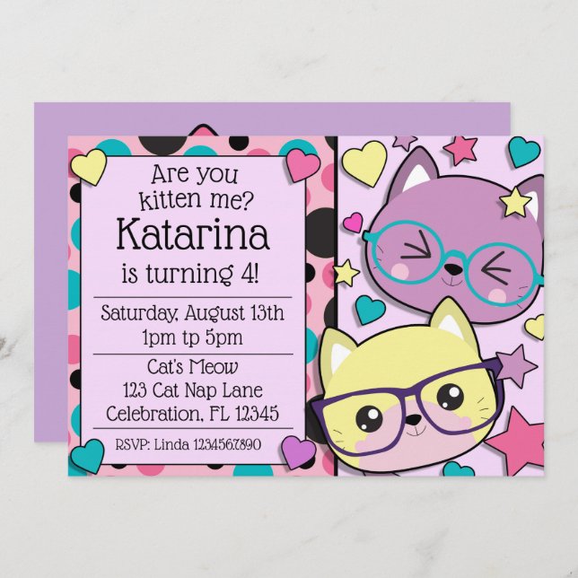 Invitation Hipster Nerdy Kitten Cats Girls Anniversaire (Devant / Derrière)