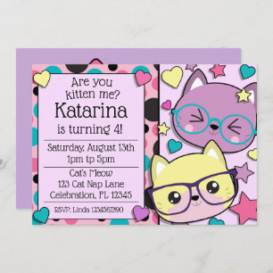 Invitation Hipster Nerdy Kitten Cats Girls Anniversaire