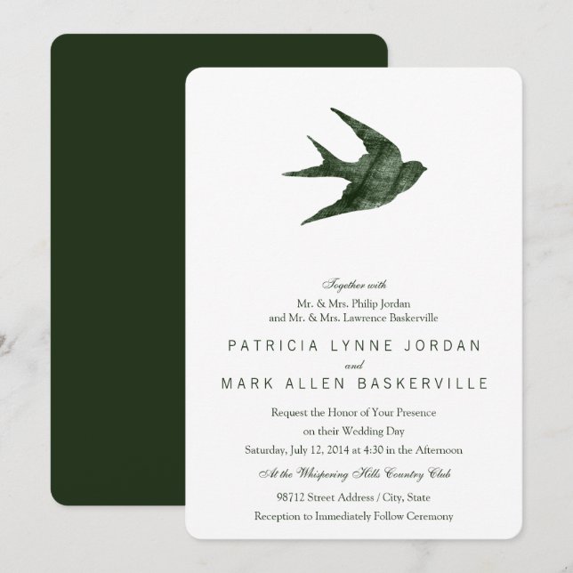 Invitation Hirondelle d'oiseaux (style Letterpress) (Devant / Derrière)