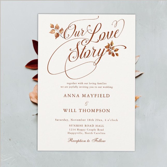 Invitation Histoire d'amour d'automne Mariage de calligraphie (fall leaves love story romantic calligraphy wedding invitation rustic elegant modern classic simple)