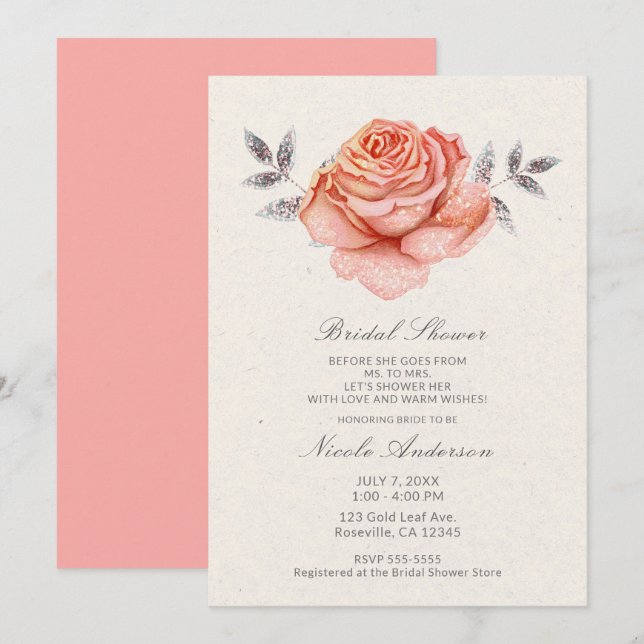 Invitation Histoire de fée pêche Paillettes Rose Feuilles Mar (Devant / Derrière)