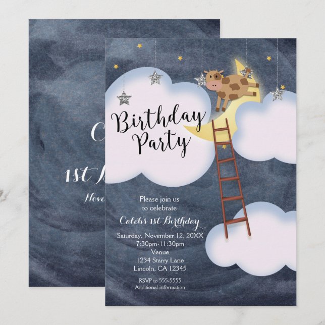 Invitation Histoire de fête d'anniversaire Comptine Vache & L (Devant / Derrière)
