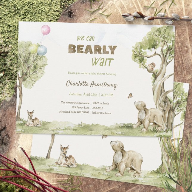 Invitation Histoire de l'ours de la sage verte à peine attend (Storybook Woodland Bearly Wait Baby Shower Invitation ©Susanne Sachers - Sunny Mind 🌞)