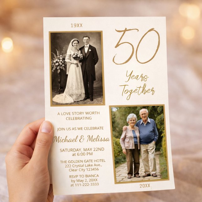 Invitation Histoire de photos de 50 ans ensemble (Elegant then and now 50 years together anniversary invitation design)