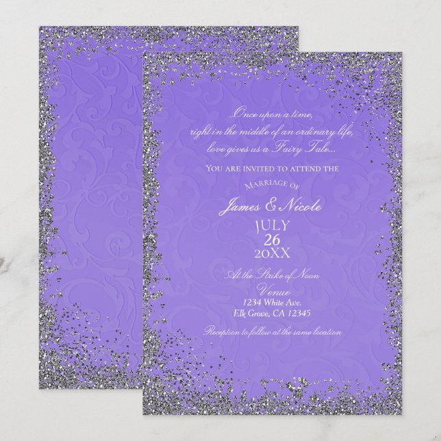 Invitation Histoire de princesse en damas violet élégant mari (Devant / Derrière)