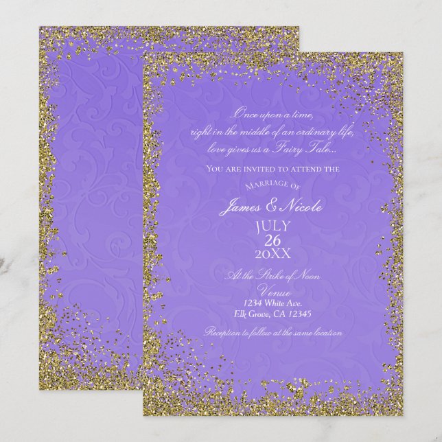 Invitation Histoire de princesse en damas violet élégant mari (Devant / Derrière)