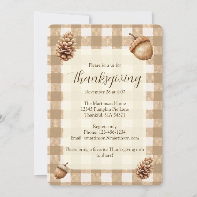 Invitation Hiver Acorns Pine Cônes Brown En vichy Thanksgivin (Devant)