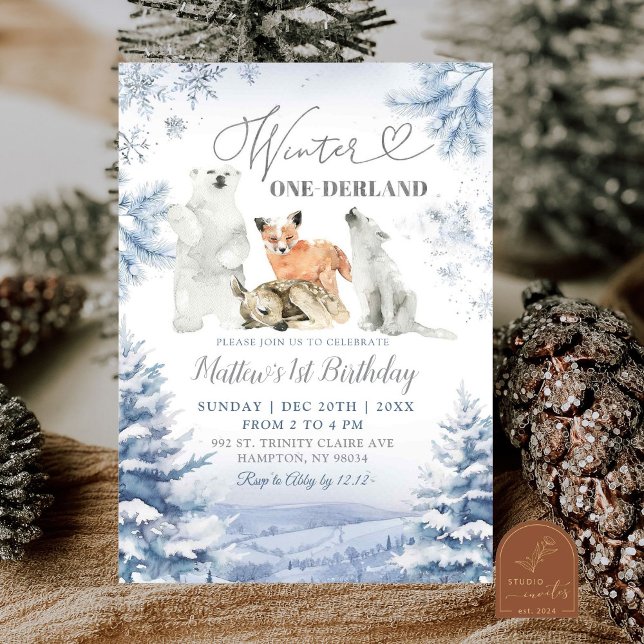 Invitation Hiver Anniversaire Arctique Animaux Premier annive (Créateur téléchargé)