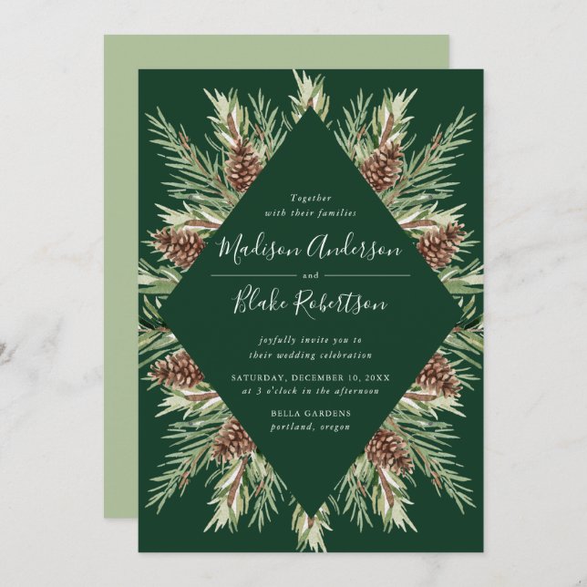 Invitation Hiver Aquarelle Pine Cône Cadre Vert Mariage (Devant / Derrière)