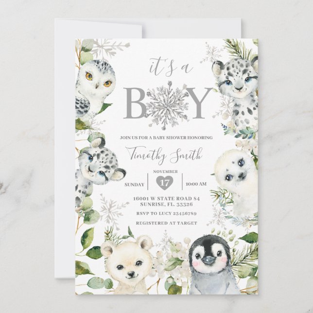Invitation Hiver Arctic Animaux Baby shower des flocons de ne (Devant)