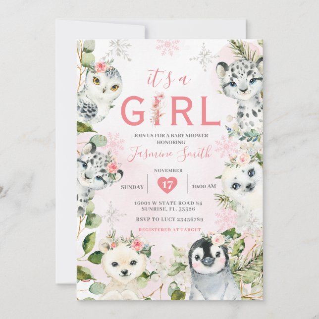 Invitation Hiver Arctic Animaux Floral Girl Baby shower (Devant)
