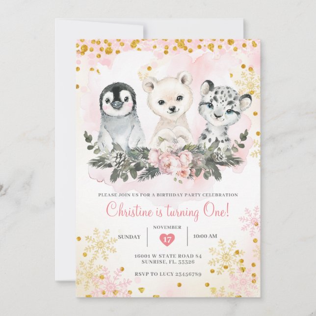 Invitation Hiver Arctic Animaux Première Fille Anniversaire (Devant)