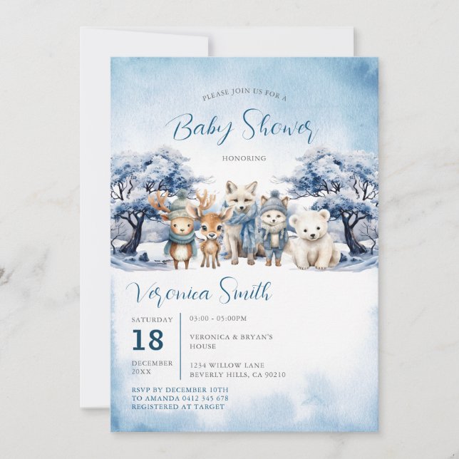Invitation Hiver Arctique Renard ours Baby shower des animaux (Devant)