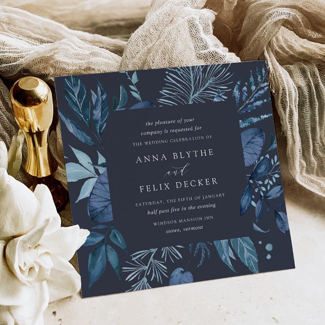 Invitation Hiver Azure | Carré bleu Mariage de cadre botaniqu (Créateur téléchargé)