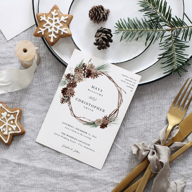 Invitation Hiver Blanc Floral & Pine Mariage Wreath (Créateur téléchargé)