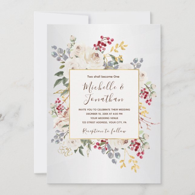 Invitation Hiver Blanc Floral tout en un Mariage chrétien (Devant)