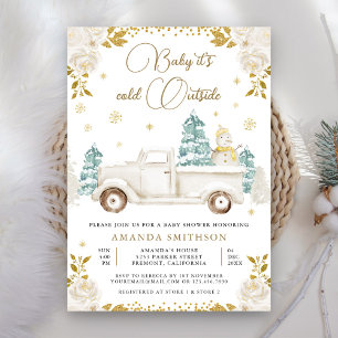 Invitation Hiver Blanc Or Floral Camion Baby shower Snowman