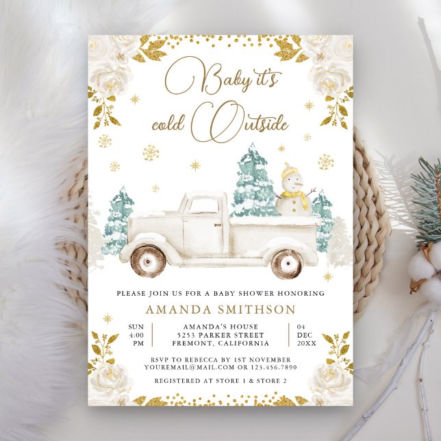 Invitation Hiver Blanc Or Floral Camion Baby shower Snowman (Créateur téléchargé)