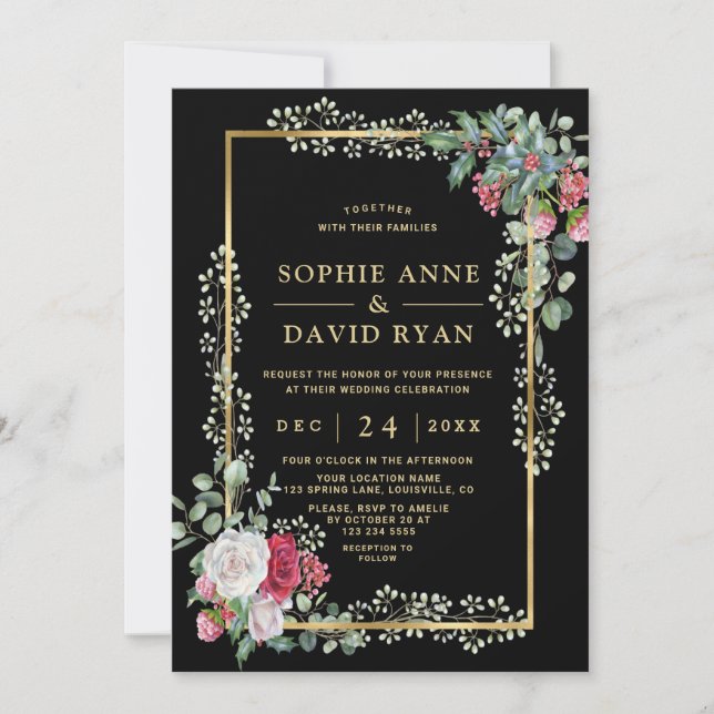 Invitation Hiver Blanc Rouge Floral Holly Berry Gold Mariage (Devant)