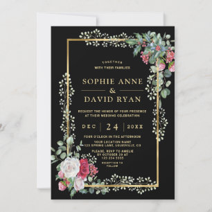 Invitation Hiver Blanc Rouge Floral Holly Berry Gold Mariage